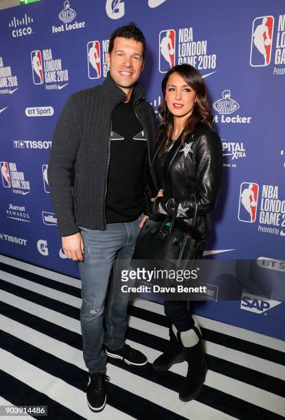 Michael Ballack and Natacha Tannous attend the Philadelphia 76ers and Boston Celtics London game at The O2 Arena on January 11, 2018 in London,...