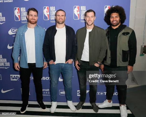 James Horwill, Jamie Roberts, Tim Visser and Mat Luamanu attend the Philadelphia 76ers and Boston Celtics London game at The O2 Arena on January 11,...