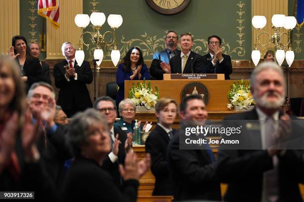 January 11: Governor John Hickenlooper delivering the Colorado State of the State address at the Colorado State Capitol. January 11, 2018 in Denver,...