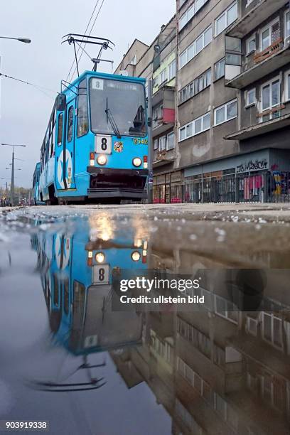 Strassenbahn spiegelt sich in einer Regenpfütze am Platz Nowy Targ in Wroclaw/Breslau