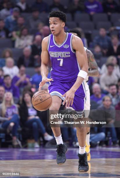 Skal Labissiere of the Sacramento Kings dribbles the ball up court against the Denver Nuggets during an NBA Basketball game at Golden 1 Center on...