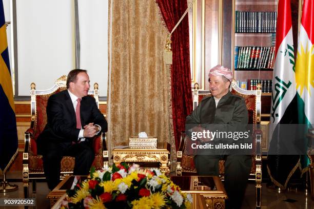 Masoud Barzani bei einem Treffen mit dem schwedischen Premierminier Stefan Löfven zu Gesprächen über die unterstützung der Kurgen im Kampf gegen die...