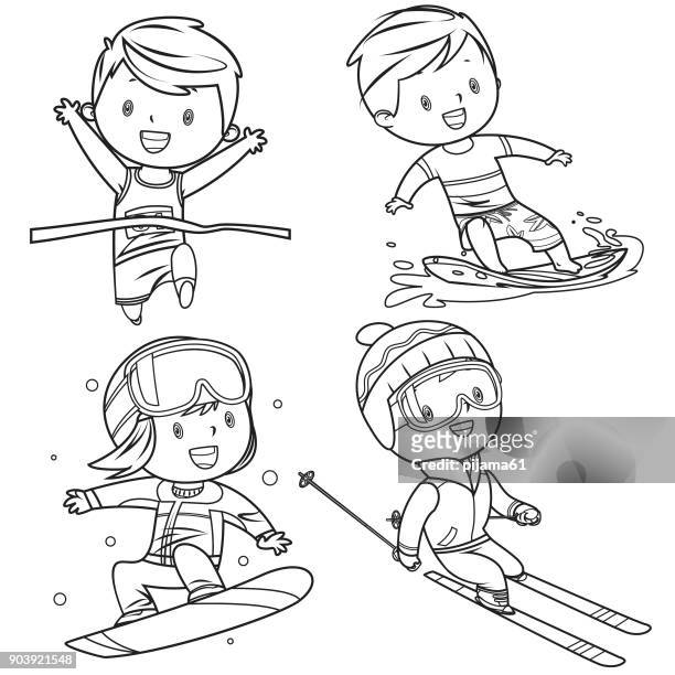 kids sports characters drawing - sport set competition round stock illustrations