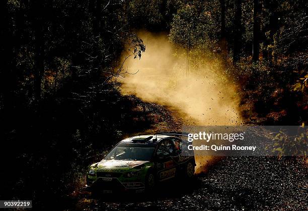 Jari Matti Latvala of Finland and Mikka Anttila of Finland compete in their BP Abu Dhabi Ford Focus during the Repco Rally of Australia Special Stage...