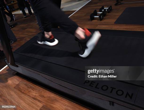 Detail shot shows the running deck of a Peloton Tread treadmill during CES 2018 at the Las Vegas Convention Center on January 11, 2018 in Las Vegas,...