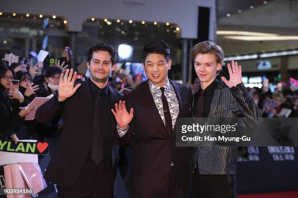 Actors Dylan O'Brien, Ki Hong Lee and Thomas Brodie-Sangster attend the Seoul premiere for 'Maze Runner: The Death Cure' on January 11, 2018 in...