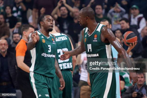 Rivers, #3 and James Gist, #14 of Panathinaikos Superfoods Athens react during the 2017/2018 Turkish Airlines EuroLeague Regular Season Round 17 game...