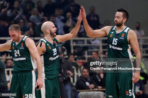 Nick Calathes, #33 and Ian Vougioukas, #15 of Panathinaikos Superfoods Athens react during the 2017/2018 Turkish Airlines EuroLeague Regular Season...