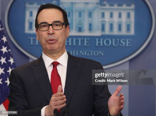 Treasury Secretary Steve Mnuchin talks about new changes for the U.S. Tax code, during a briefing at the White House, on January 11, 2018 in...