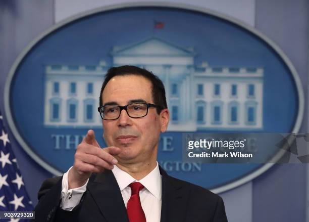 Treasury Secretary Steve Mnuchin talks about new changes for the U.S. Tax code, during a briefing at the White House, on January 11, 2018 in...