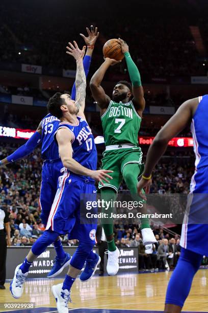 Jaylen Brown of the Boston Celtics shoots the ball during the game against the Philadelphia 76ers on January 11, 2018 at The O2 Arena in London,...