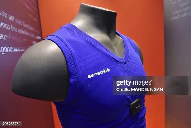 The Sensoria sleeveless t-shirt with heart rate monitor is seen during CES 2018 in Las Vegas on January 11, 2018. Large crowds pack the 2018 Consumer...