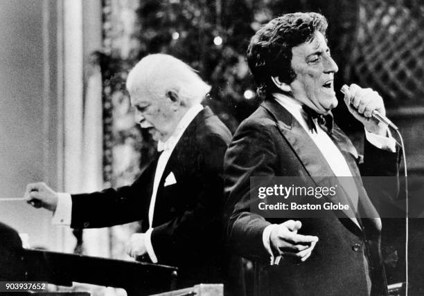 Tony Bennett performs at the Boston Pops with Arthur Fiedler on May 26, 1977.
