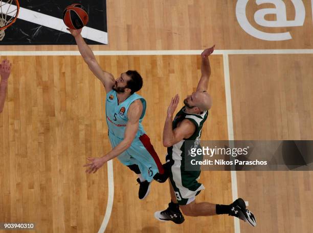 Pau Ribas, #5 of FC Barcelona Lassa competes with Nick Calathes, #33 of Panathinaikos Superfoods Athens during the 2017/2018 Turkish Airlines...
