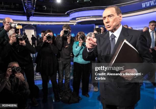 Former Italian Prime Minister and leader of Forza Italia Party Silvio Berlusconi attends the debate show Porta a Porta at RAIÕs Broadcasting studios...