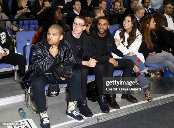 Kola Bokinni, Will Poulter, Lucien Laviscount and Ana Tanaka attend the Philadelphia 76ers and Boston Celtics London game at The O2 Arena on January...