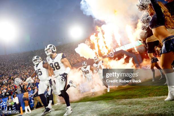 Playoffs: Los Angeles Rams Tyrunn Walker and Connor Barwin taking field with teammates before game vs Atlanta Falcons at Los Angeles Memorial...