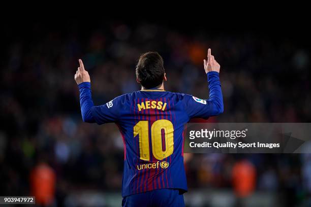 Lionel Messi of Barcelona celebrates after scoring a goal during the Copa Del Rey 2nd leg match between Barcelona and Celta Vigo at Camp Nou on...