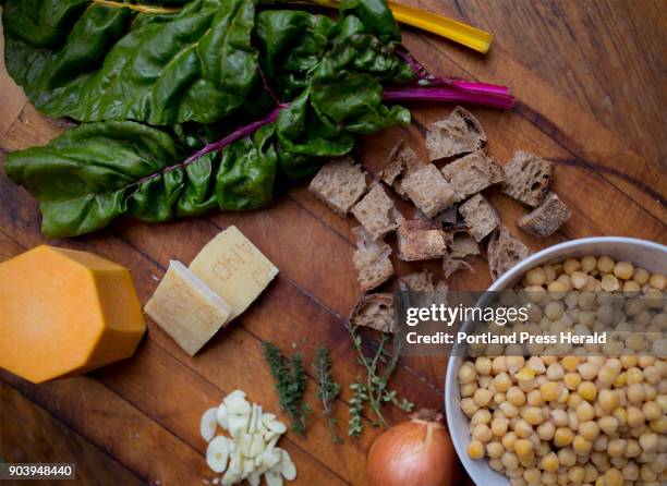 Swiss chard, croutons, chickpeas, onion, thyme, garlic, parmesan rind and butternut squash are all ingredients for Christine Burns Rudalevige's...