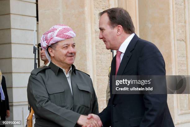 Masoud Barzani bei einem Treffen mit dem schwedischen Premierminier Stefan Löfven zu Gesprächen über die unterstützung der Kurgen im Kampf gegen die...