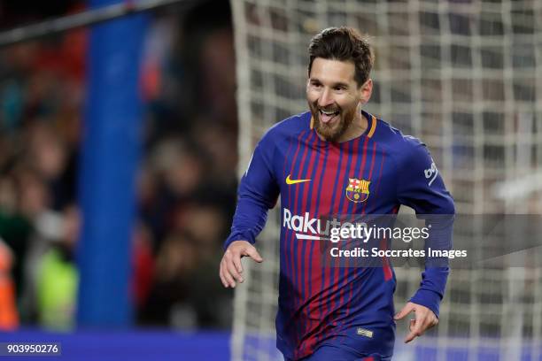 Lionel Messi of FC Barcelona celebrates 2-0 during the Spanish Copa del Rey match between FC Barcelona v Celta de Vigo at the Camp Nou on January 11,...