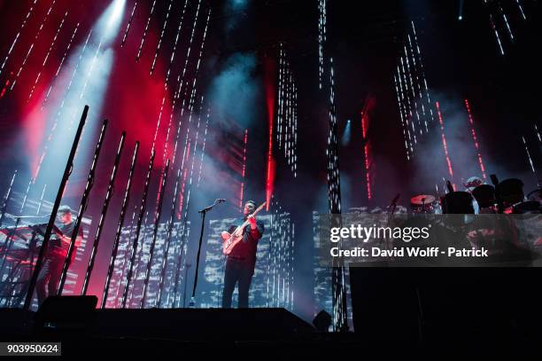 Joe Newman, Gus Unger-Hamilton and Thom Sonny Green of Alt-J perform at AccorHotels Arena on January 11, 2018 in Paris, France.