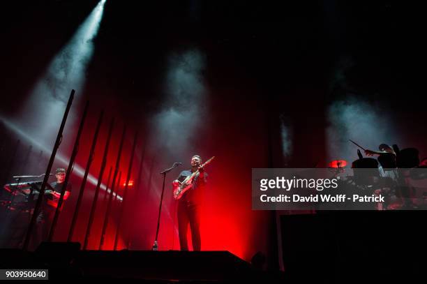 Joe Newman, Gus Unger-Hamilton and Thom Sonny Green of Alt-J perform at AccorHotels Arena on January 11, 2018 in Paris, France.
