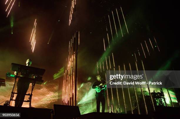 Joe Newman, Gus Unger-Hamilton and Thom Sonny Green of Alt-J perform at AccorHotels Arena on January 11, 2018 in Paris, France.