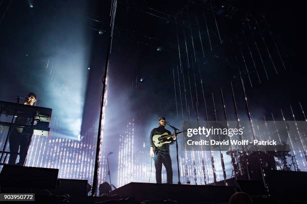 Joe Newman, Gus Unger-Hamilton and Thom Sonny Green of Alt-J perform at AccorHotels Arena on January 11, 2018 in Paris, France.