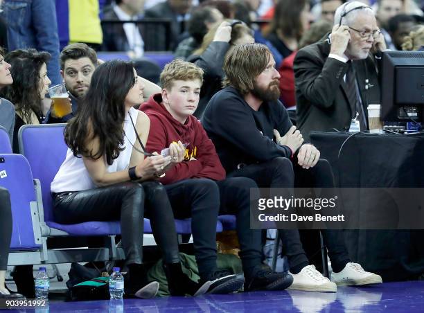 Bradley Wiggins, wife Catherine and son Ben attend the Philadelphia 76ers and Boston Celtics London game at The O2 Arena on January 11, 2018 in...