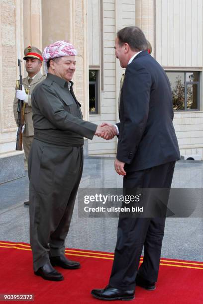 Masoud Barzani bei einem Treffen mit dem schwedischen Premierminier Stefan Löfven zu Gesprächen über die unterstützung der Kurgen im Kampf gegen die...