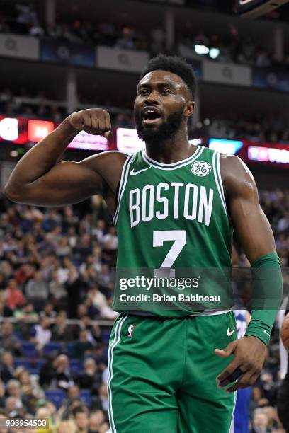 Jaylen Brown of the Boston Celtics reacts during the game against the Philadelphia 76ers during the 2018 NBA London Game at the 02 Arena on January...