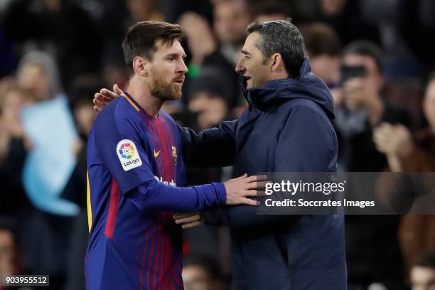 Lionel Messi of FC Barcelona, coach Ernesto Valverde of FC Barcelona during the Spanish Copa del Rey match between FC Barcelona v Celta de Vigo at...