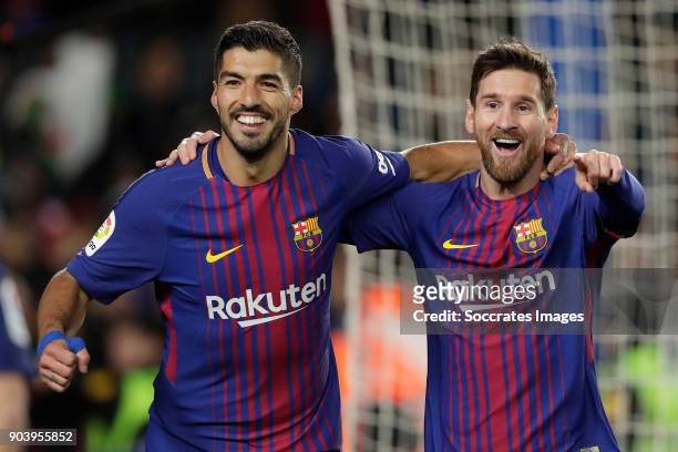 Lionel Messi of FC Barcelona celebrates 1-0 with Luis Suarez of FC Barcelona during the Spanish Copa del Rey match between FC Barcelona v Celta de...