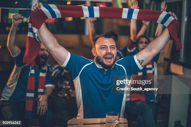 watching a sports game in a bar - soccer scarf stock pictures, royalty-free photos & images