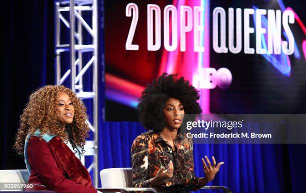 Creators, executive producers and stars Phoebe Robinson and Jessica Williams of the television show 2 Dope Queens speak onstage during the HBO...