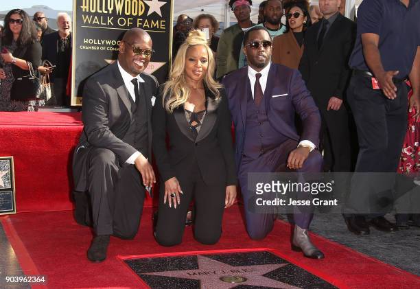 Producer Andre Harrell, recording artist Mary J. Blige and producer Sean 'Diddy' Combs attend the ceremony honoring Mary J. Blige with a Star on The...