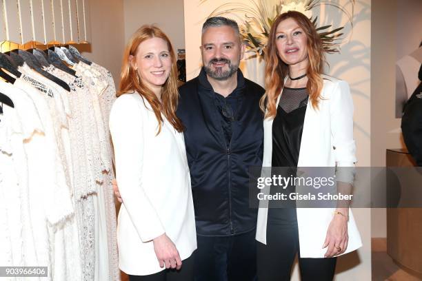 Fashion designer Johanna Kuehl, Adrian Runhof and Alexandra Fischer-Roehler during the opening of the Kaviar Gauche Bridal Concept Store on January...