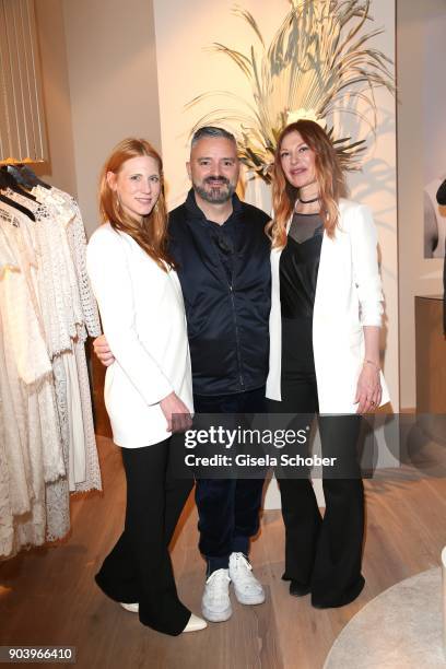 Fashion designer Johanna Kuehl, Adrian Runhof and Alexandra Fischer-Roehler during the opening of the Kaviar Gauche Bridal Concept Store on January...