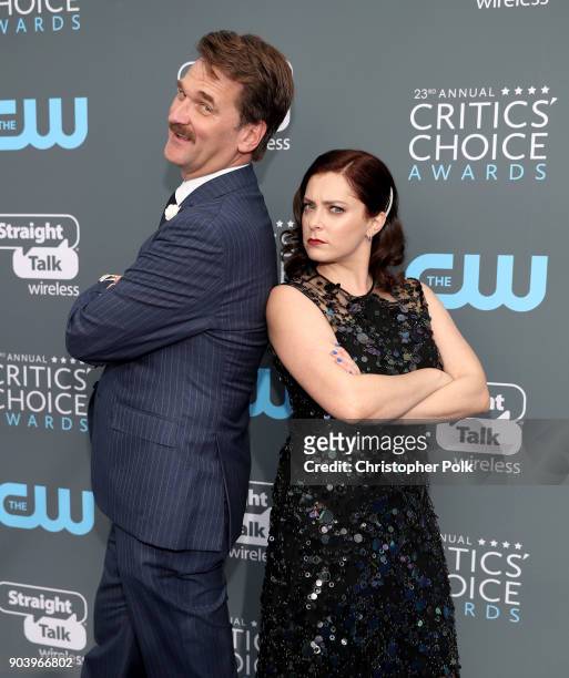 Actors Pete Gardner and Rachel Bloom attend The 23rd Annual Critics' Choice Awards at Barker Hangar on January 11, 2018 in Santa Monica, California.