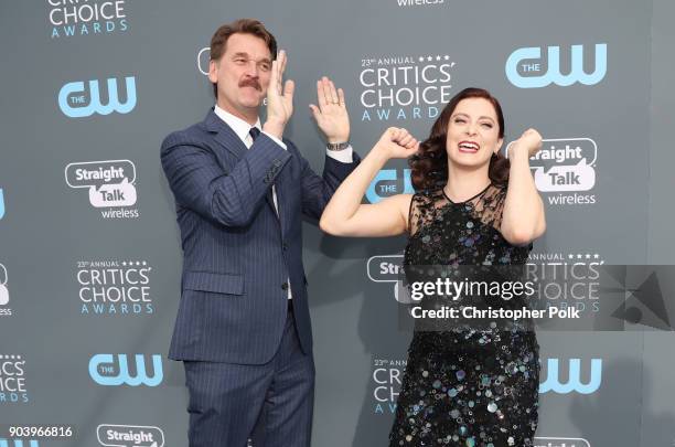 Actors Pete Gardner and Rachel Bloom attend The 23rd Annual Critics' Choice Awards at Barker Hangar on January 11, 2018 in Santa Monica, California.