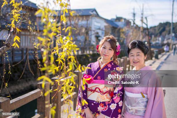 mother and daughter in traditional japanese town on coming of age day - seijin no hi stock pictures, royalty-free photos & images