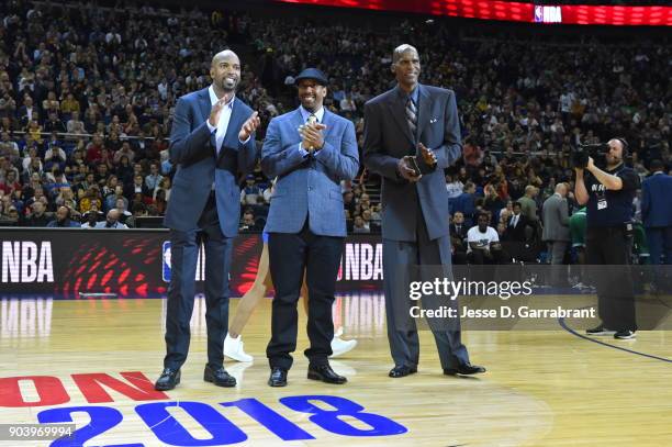 Richard Hamilton, Andre Miller, and Robert Parish are seen during the game between the Philadelphia 76ers and Boston Celtics on January 11, 2018 at...