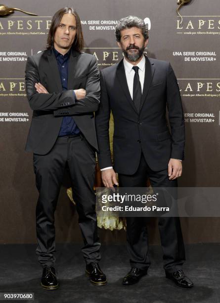 Directors Alberto Rodriguez and Rafael Cobos attend the 'La peste' premiere at Callao cinema on January 11, 2018 in Madrid, Spain.