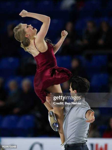 Kaitlyn Weaver and Andrew Poje of Canada practice their ice dance routine during the 2018 Canadian Tire National Skating Championships game at the...