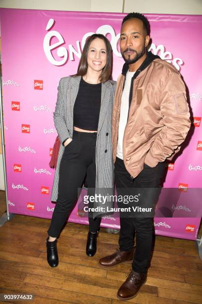 Presenter Charlotte Namura and Singer Jean-Luc Gizone attend "Enooormes" Paris Premiere at Theater Trevise on January 12, 2018 in Paris, France.