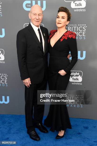Actor Patrick Stewart and singer Sunny Ozell attend The 23rd Annual Critics' Choice Awards at Barker Hangar on January 11, 2018 in Santa Monica,...