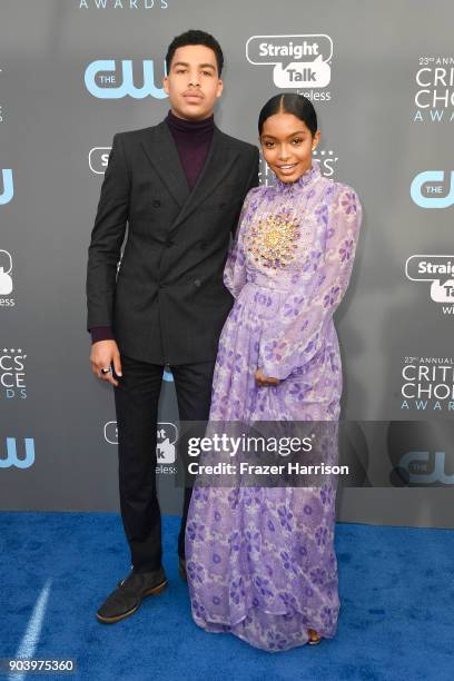 Actors Marcus Scribner and Yara Shahidi attend The 23rd Annual Critics' Choice Awards at Barker Hangar on January 11, 2018 in Santa Monica,...