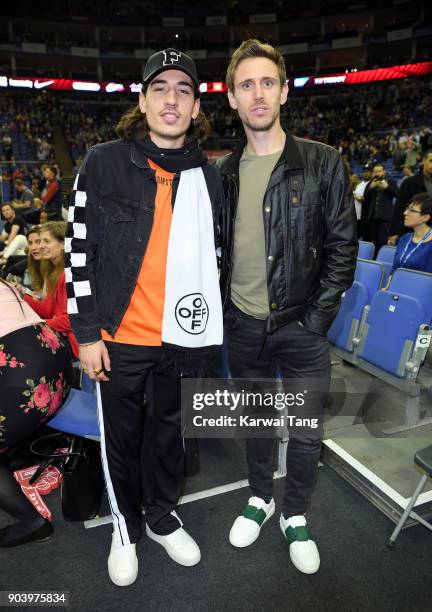 Hector Bellerin and Nacho Monreal attend the Philadelphia 76ers and Boston Celtics NBA London game at The O2 Arena on January 11, 2018 in London,...