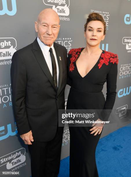 Actor Patrick Stewart and singer Sunny Ozell attend The 23rd Annual Critics' Choice Awards at Barker Hangar on January 11, 2018 in Santa Monica,...